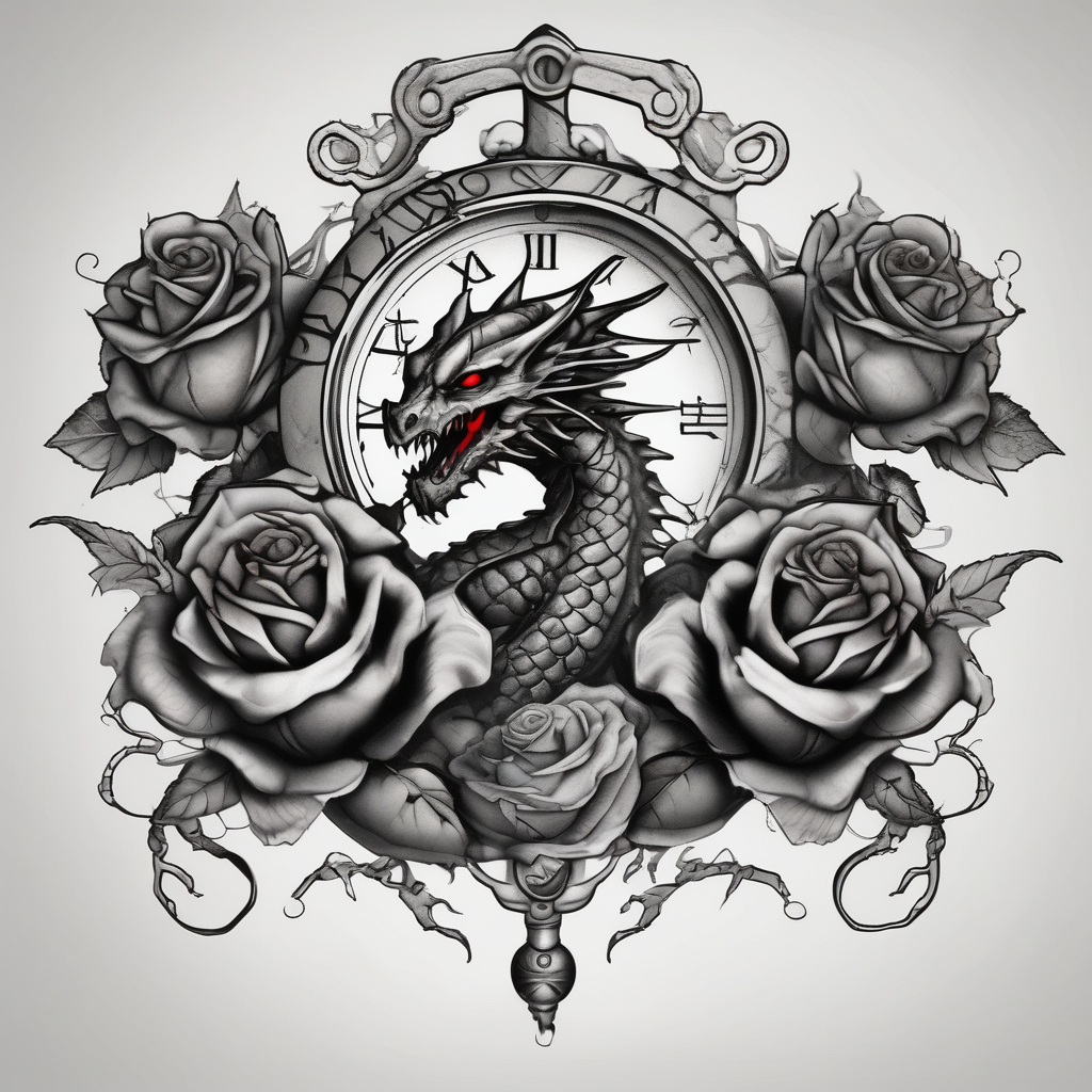 Dark cancer zodiac sign tattoo with dragon, clock and roses on background fishing tattoos, diseño de tatuaje Realista generado con IA